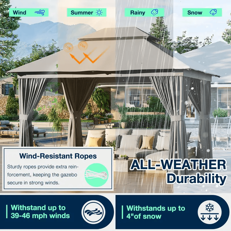 10×12 Outdoor Gazebo — Double Roof • Mosquito Net • Privacy Curtains
