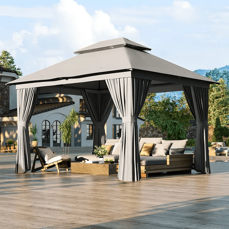 10×12 Outdoor Gazebo — Double Roof • Mosquito Net • Privacy Curtains
