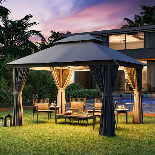 10×12 Outdoor Gazebo — Double Roof • Mosquito Net • Privacy Curtains