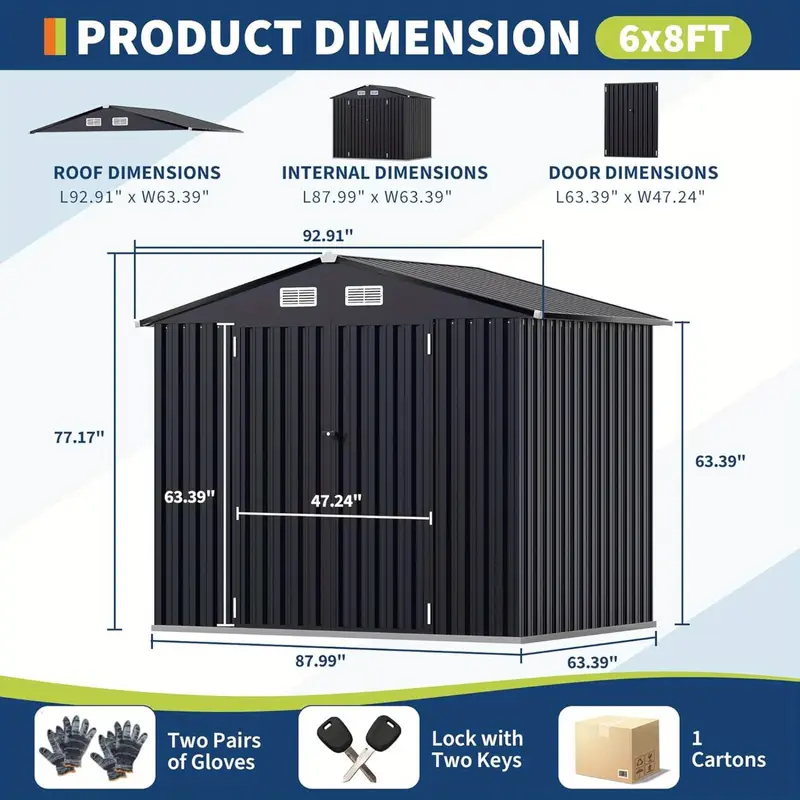 6×8 ft Metal Storage Shed — Lockable Door • Air Vents • Galvanized Steel