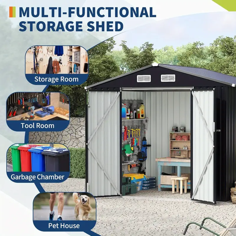 6×8 ft Metal Storage Shed — Lockable Door • Air Vents • Galvanized Steel