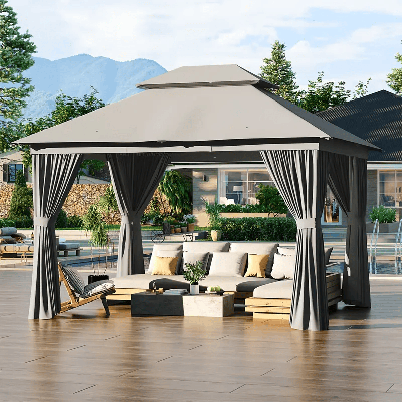 10×12 Outdoor Gazebo — Double Roof • Mosquito Net • Privacy Curtains